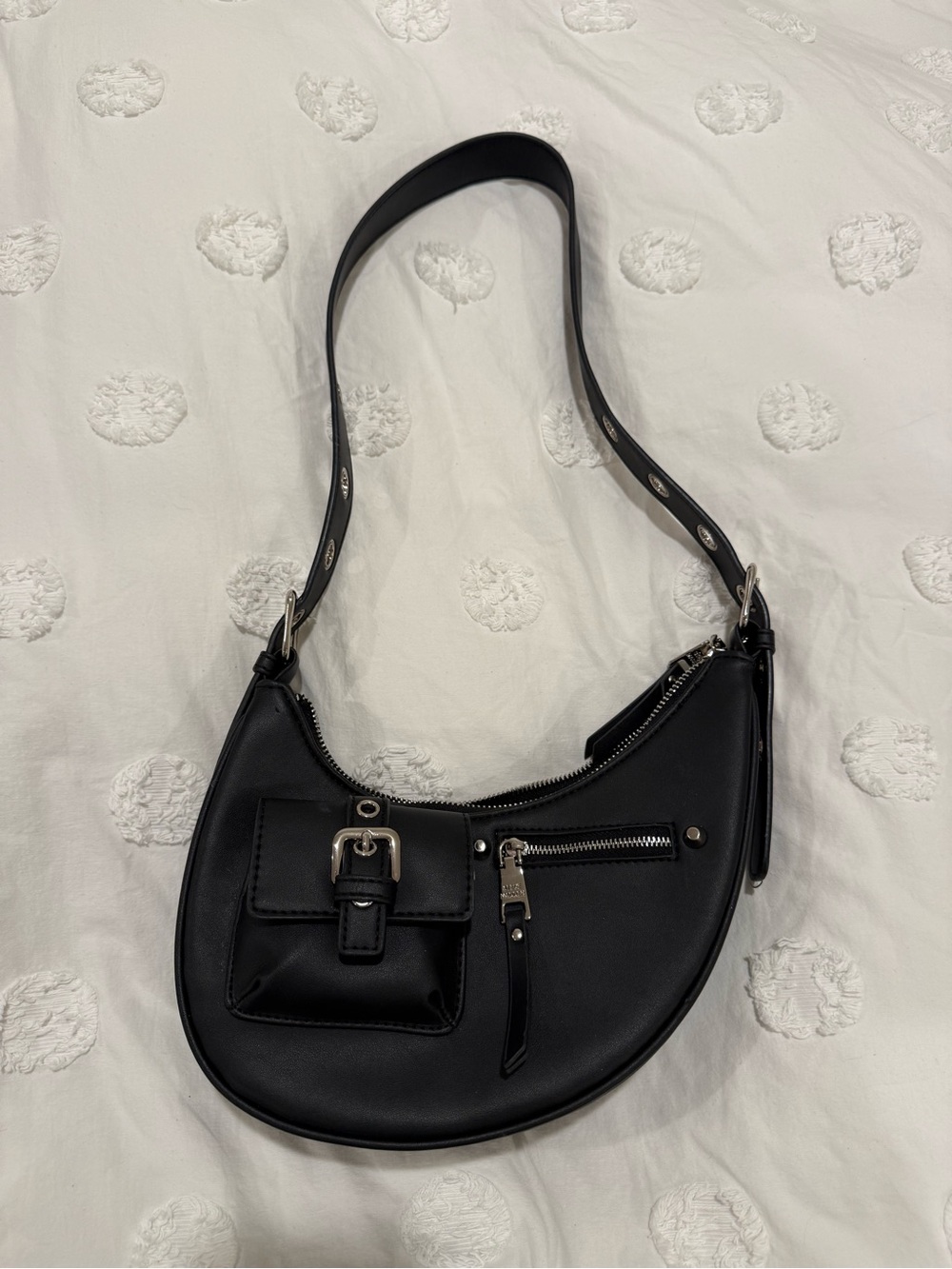 Steve Madden Black Crescent Shoulder Bag with Front Buckle Pocket